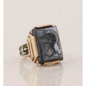 Men's 10k Yellow Gold Hematite Intaglio Soldier Ring Art Deco Size 10 3/4